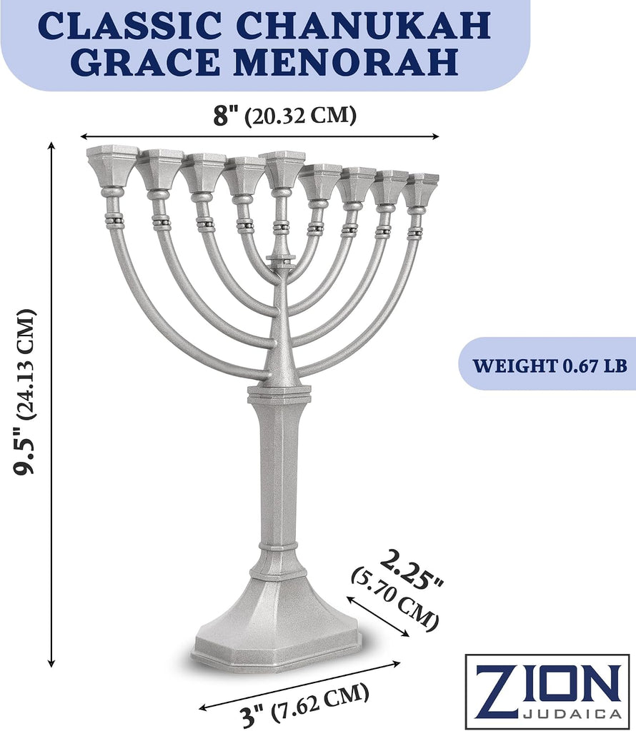 Traditional Classic Hanukkah - 9.5" Tall Graceful Style Candle Minorah Precision Die Cast Non Tarnish (Satin Silver)