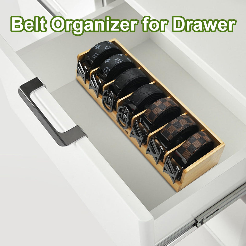 Belt Organizer, 7 Compartments Belt Organizer for Closet and Drawer, Bamboo Tie and Belt Storage Case, Belt Holder