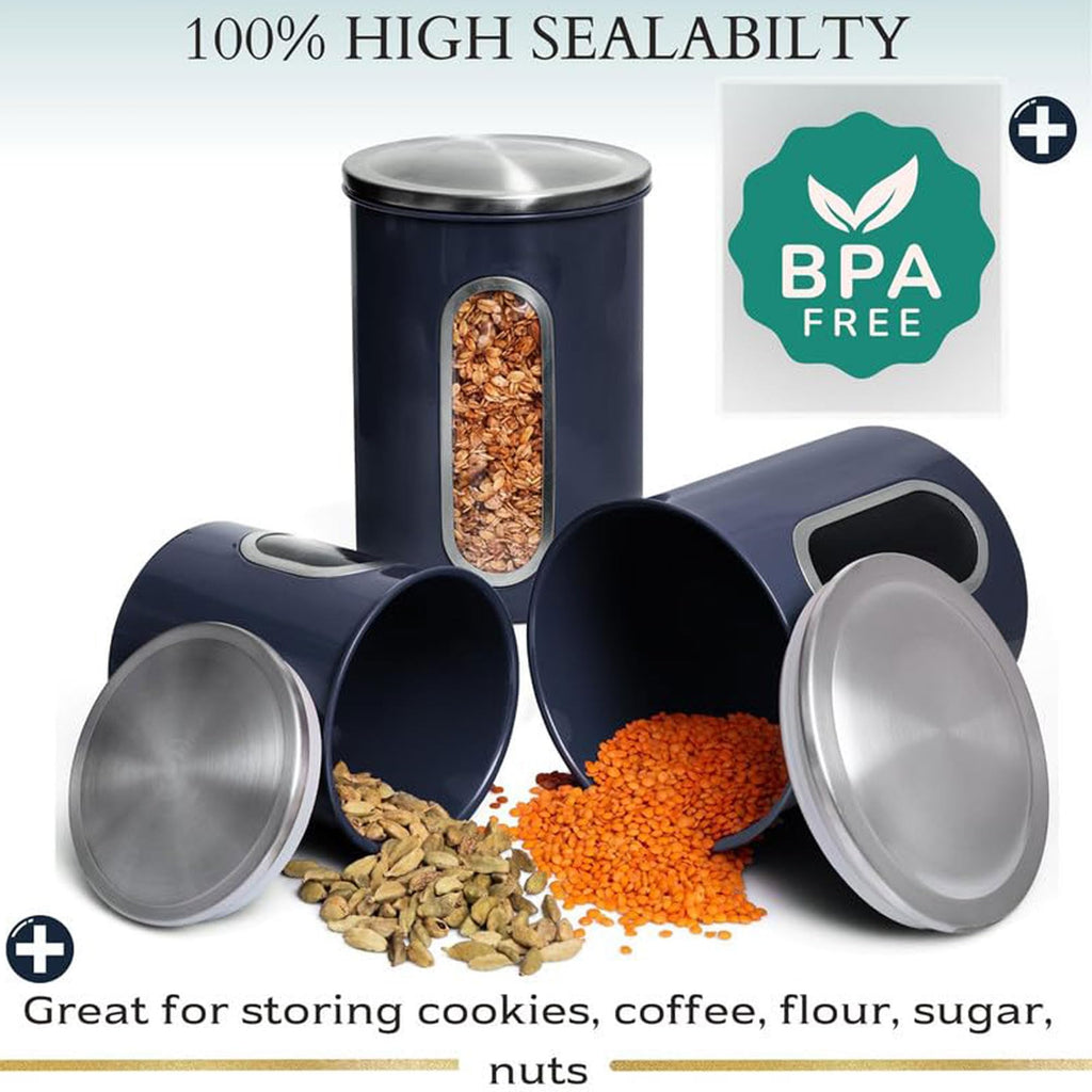 3-Pcs Blue Canisters Set Storage Airtight Jars
