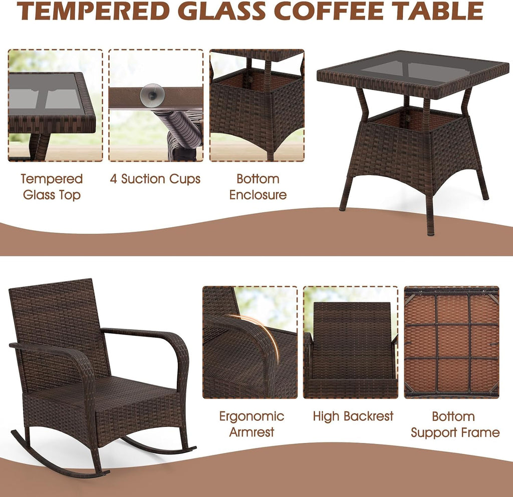 3 Pieces Outdoor Wicker Rocking Chair, Patio Furniture Set (Beige) | with Cushions, Pillows, Glass Coffee Table
