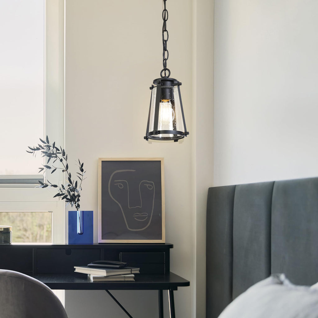 Pendant Light Kitchen Island, Black Pendant Hanging Light with Seeded Glass Farmhouse Rustic Pendant Light Fixtures