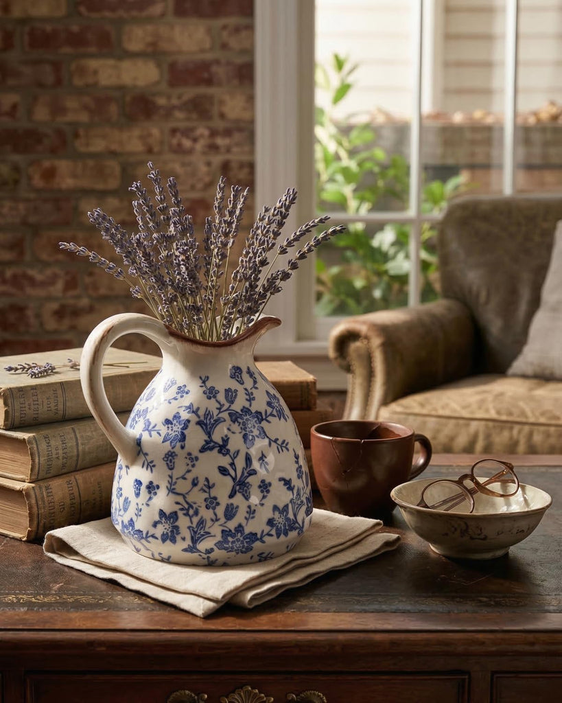 Blue and White Ceramic Vase, 7.28 Inch Crackle Glaze Pitcher with Handle