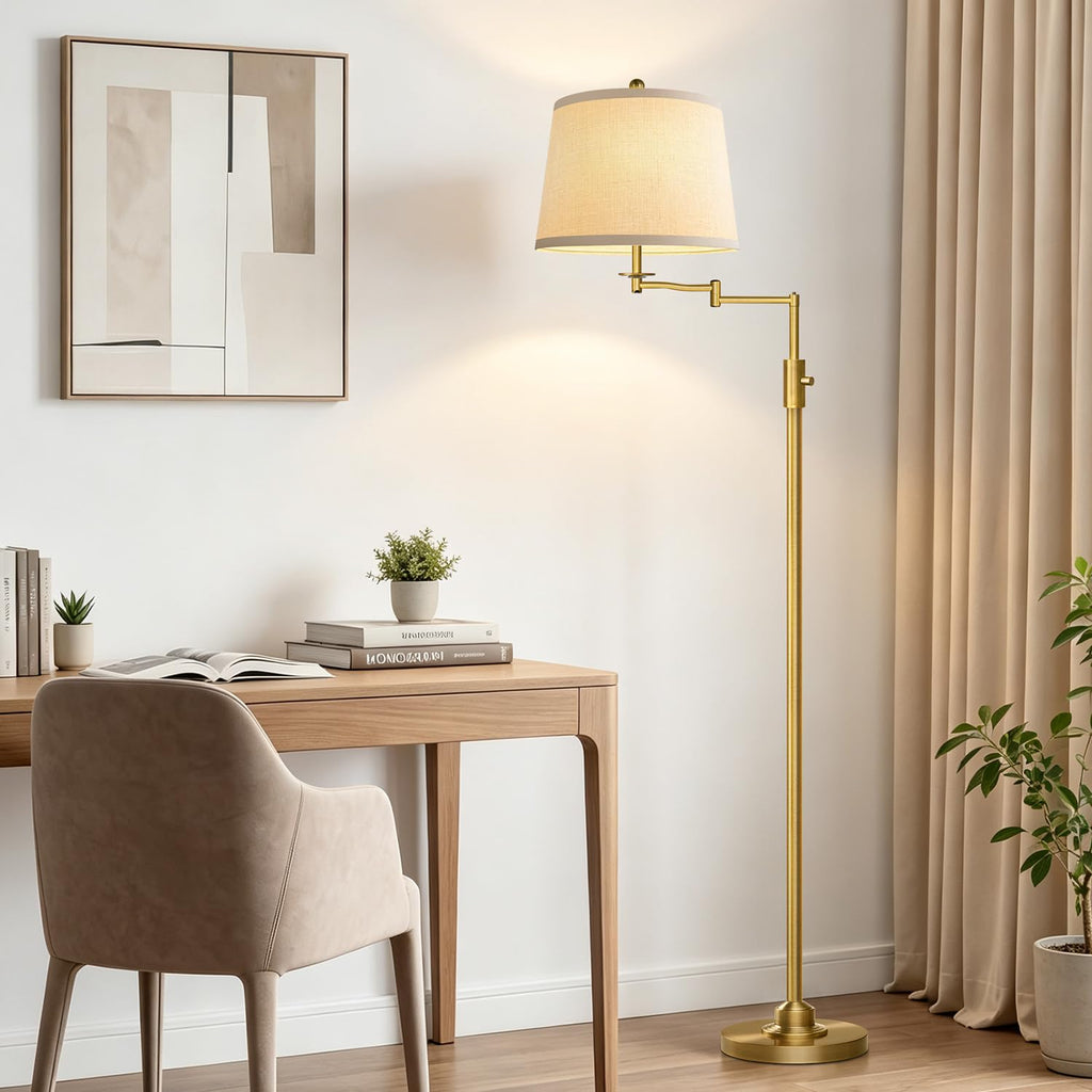 Dimmable Floor Lamp with 350° Swing Arm, 9w Bulb Included, Gold Brass
