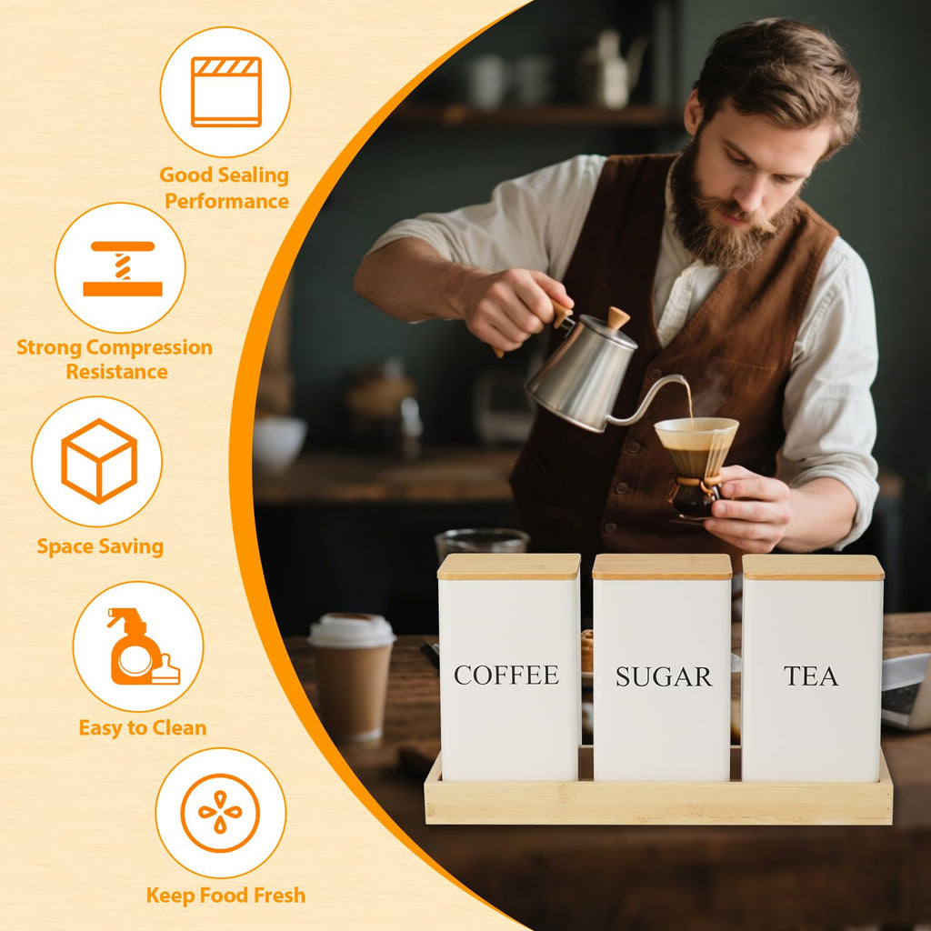 3Pcs Coffee Tea Sugar Container Set, White Iron Storage Tin with Bamboo Lid and Tray, Square Airtight Food Container