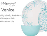 Venice 16-Piece Stoneware Dinnerware Set, Service for 4, Aqua and White Color Combination, Durable and Chip Resistant