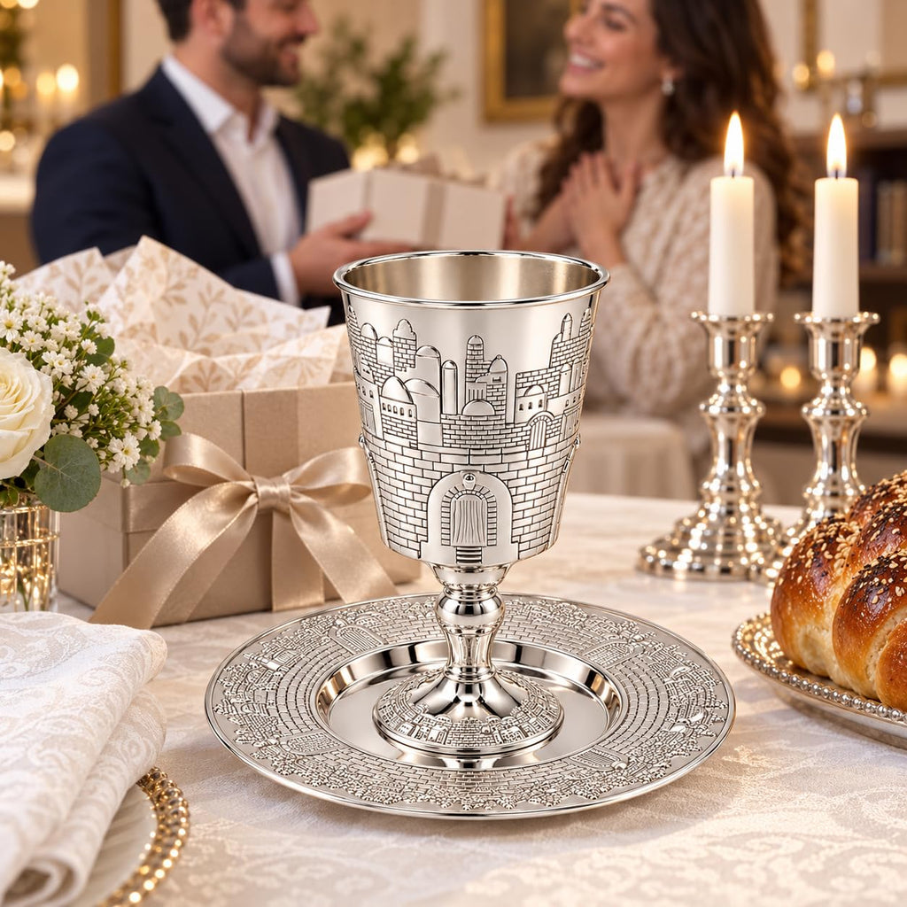 Tall Kiddush Cup with Leg Jerusalem Design, Premium Quality Silver Plated Goblet, Shabbat and Havdalah Goblet