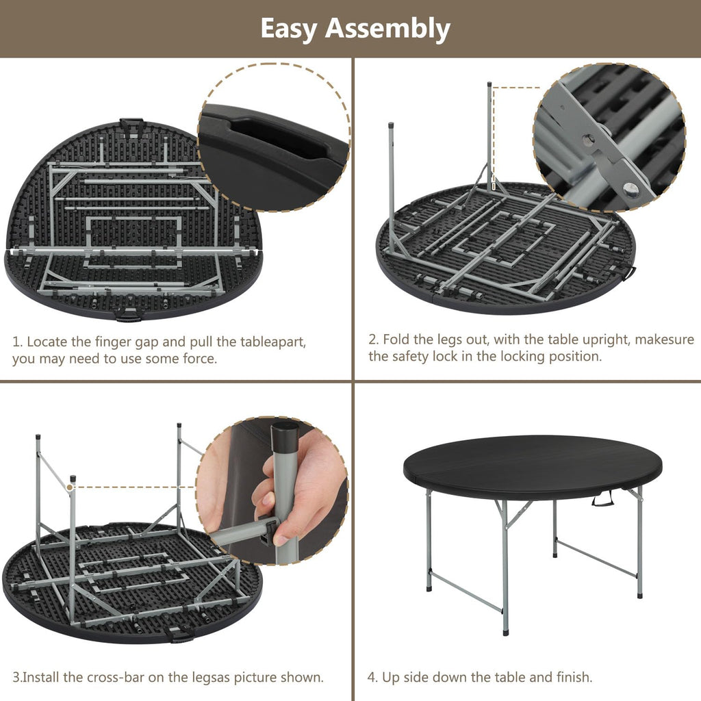 5.5ft Round Folding Table with Carry Handle, 66 Inch, Black