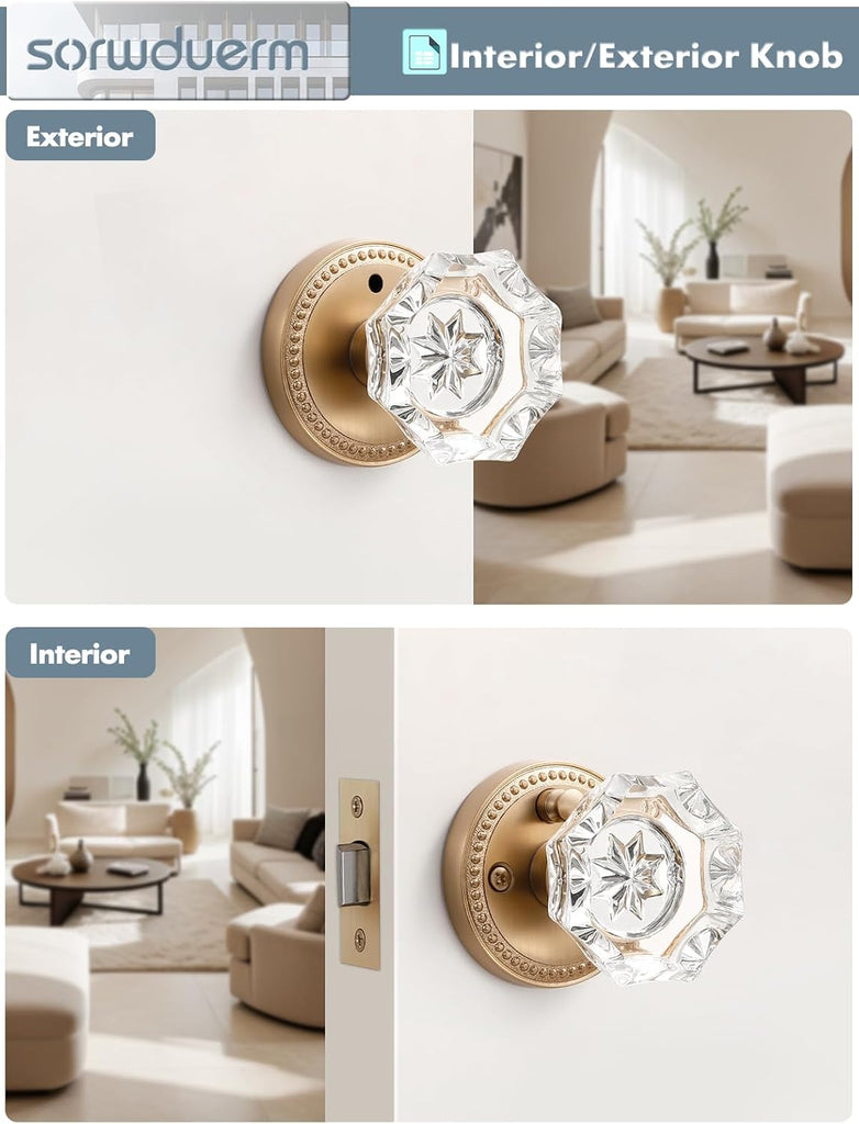 Door Knob Champagne Bronze Privacy Crystal Glass Interior 1 Pack