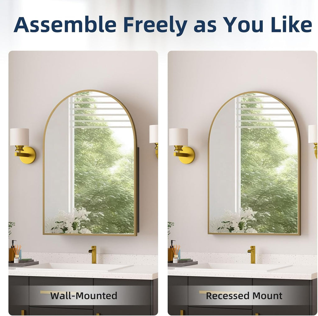 Medicine Cabinets , Gold Arched Medicine Cabinet Recessed or Surface Wall-Mounted,Modern Bathroom Vanity Mirror with