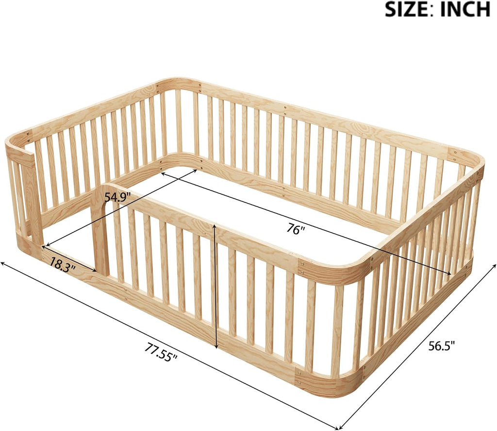 Full Size Montessori Floor Bed with 24" High Fence & Rounded Corners Design, Sturdy Wood Montessori Bed Frame, No