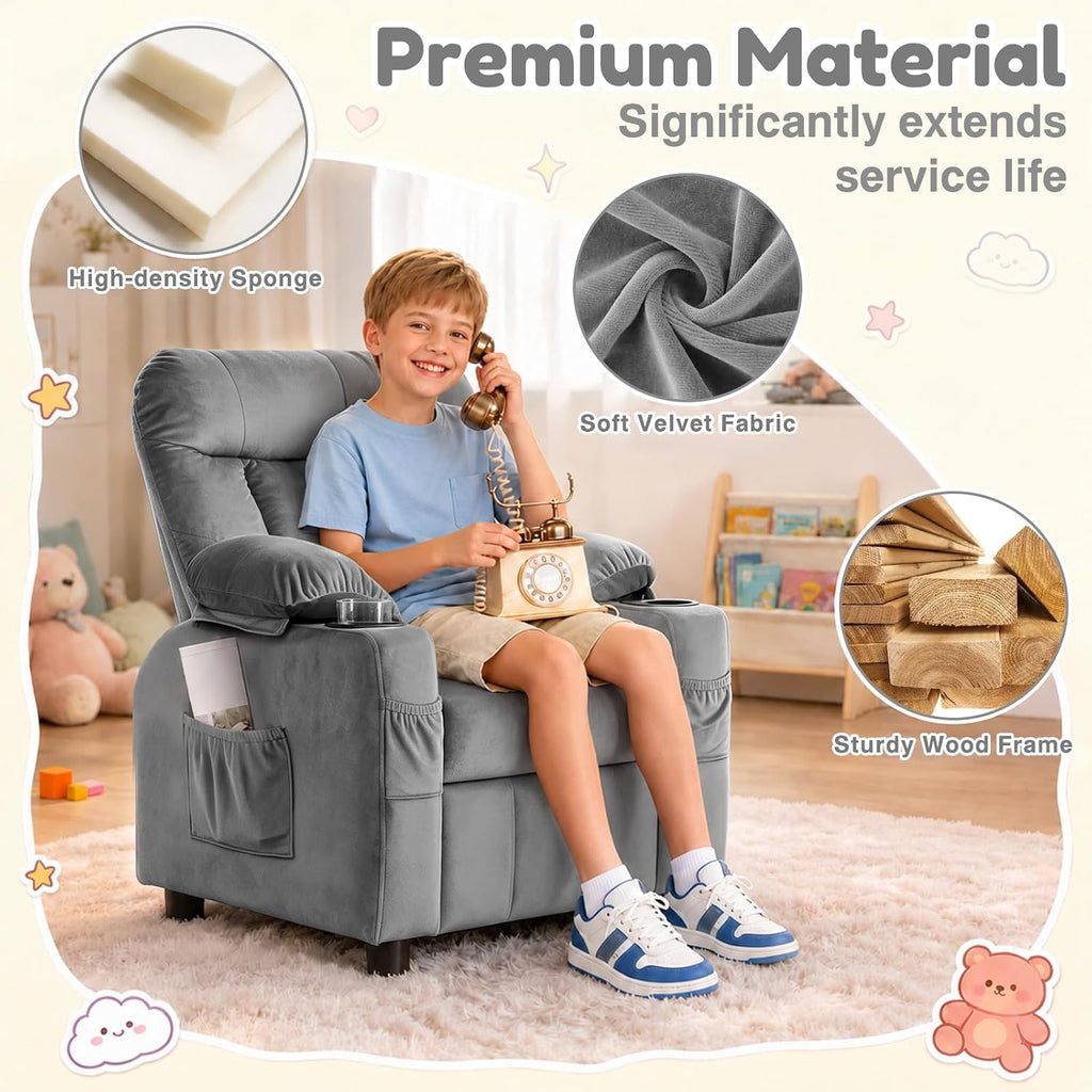 Kids Recliner, Toddlers Kids Recliner Chair with Cup Holder, Ergonomic Adjustable Velvet Lounge Chair with Footrest &