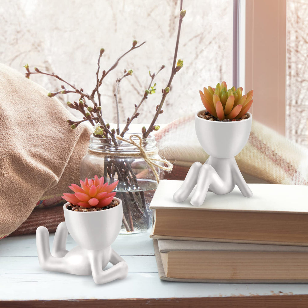 Fake Succulent, Mini Succulents Plants Artificial in White Modern Human Shaped Ceramic Pots Cute Pink Succulent Decor