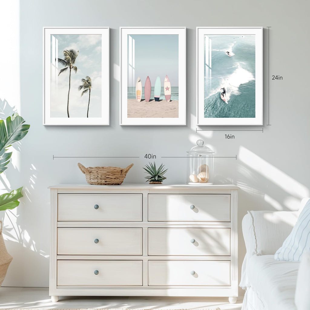 Framed Coastal Wall Art, 3 Piece Beach Artwork, 16x24 Inch