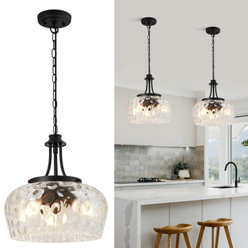 Pendant Lights Kitchen Island, 3-Light Black Pendant Light Fixtures with 14.2" Clear Hammered Glass Shade, Industrial