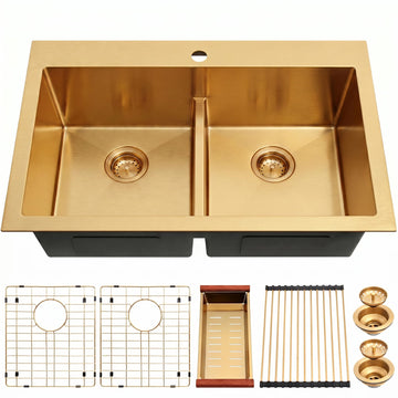 33''x22'' Gold Double Bowl Kitchen Sink, 50/50 T304 Stainless Steel Drop in Gold Kitchen Sinks, Topmount Large and