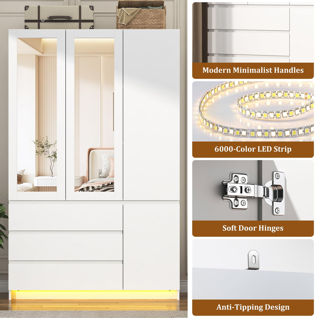 75"H Tall Modern 3 Doors Wooden Armoire Wardrobe Closet with 3 Drawers & 2 Mirror, Clothing Storage Cabinet with
