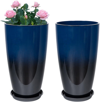 Set of 2 Tall Planter, 21 inch Large Plastic Planter, Dark Blue