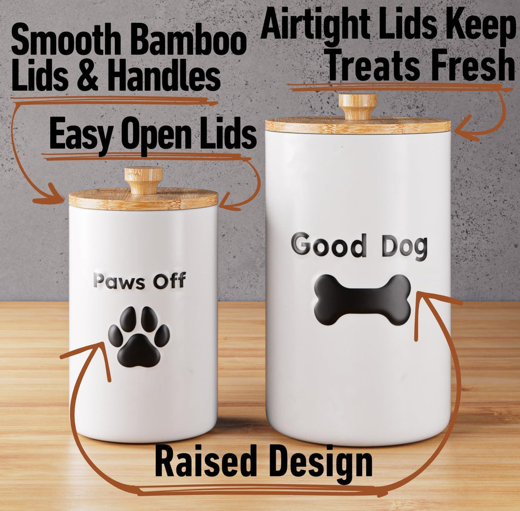 Dog Treat Container Airtight Set of 2, 9x5 & 7x4 inch Ceramic Jars. 11 Cups