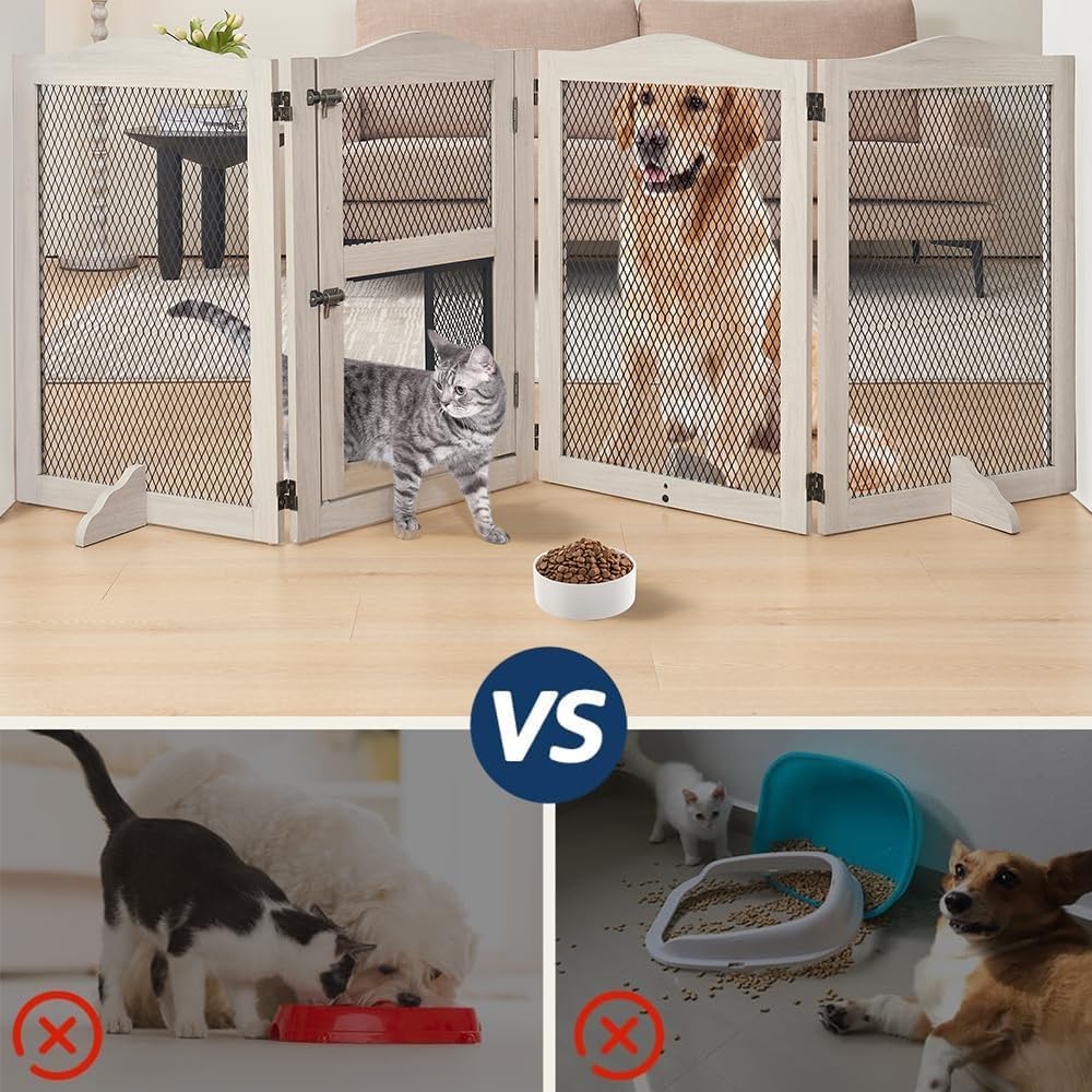 Freestanding Dog Gate with Cat Door for Indoor Doorways Stairs