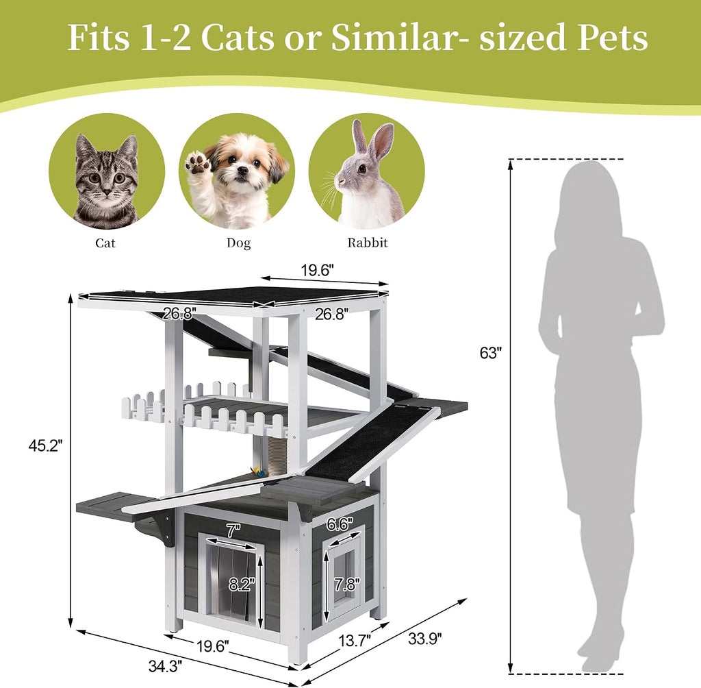 Outdoor Cat House with Roof, Wooden Cat Shelter for Feral Cat, 4 Tier