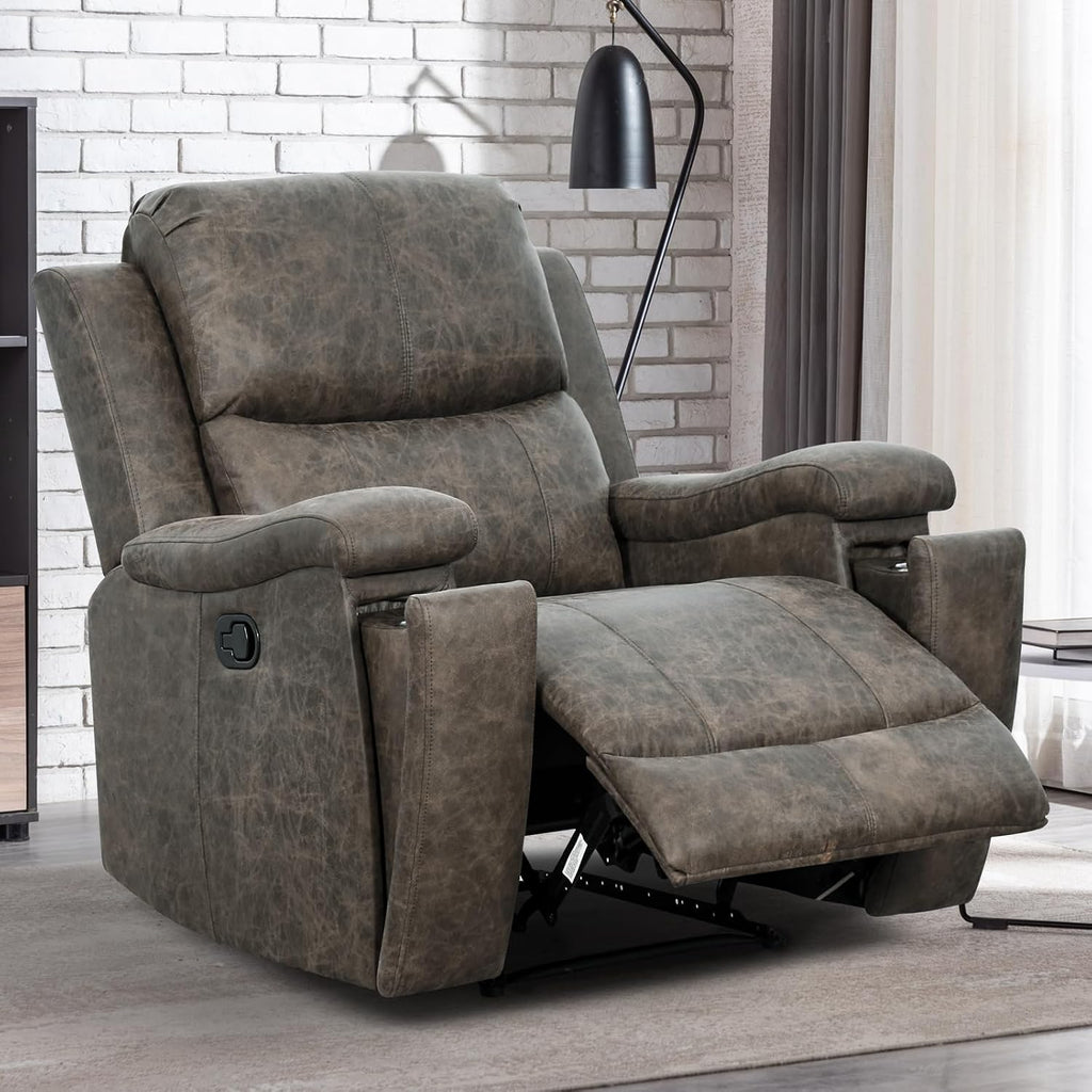 Grey Recliner Chair, Single Overstuffed Sofa Recliners, Breathable Faux Leather Manual Reclining Chairs with Hidden