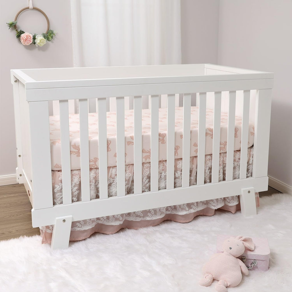 3 Piece Baby Crib Bedding Set for Girls - Cotton Fitted Crib Sheet, Layered Dust Ruffle, Comforter, Newborn, Infant &