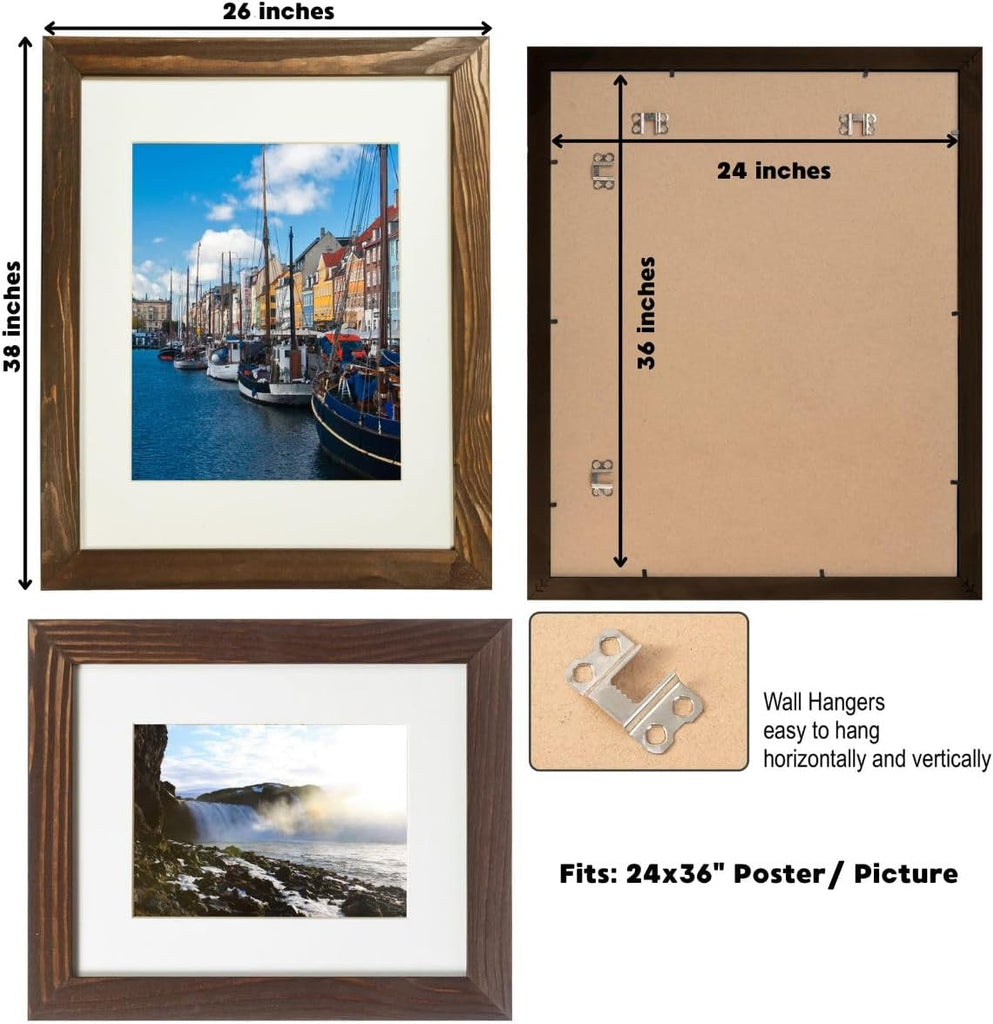 Rustic Wooden Poster Picture Frame 24x36 - Natural Solid Eco Distressed Wood for Wall Mounting Photo Frame - Brown