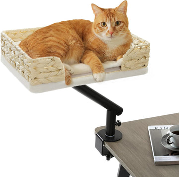 Cat Desk Bed for Indoor Cats, Wicker Cat Bed for Desk Supports Up to 50 lbs, 360° Rotation & Adjustable Soft Plush