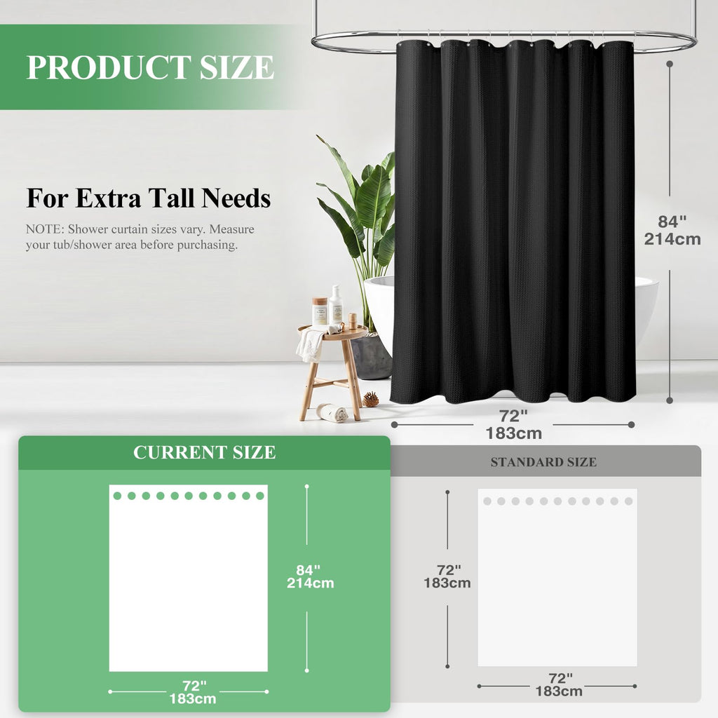 Extra Long Waffle Shower Curtain 256 GSM Fabric 72"x84" Black