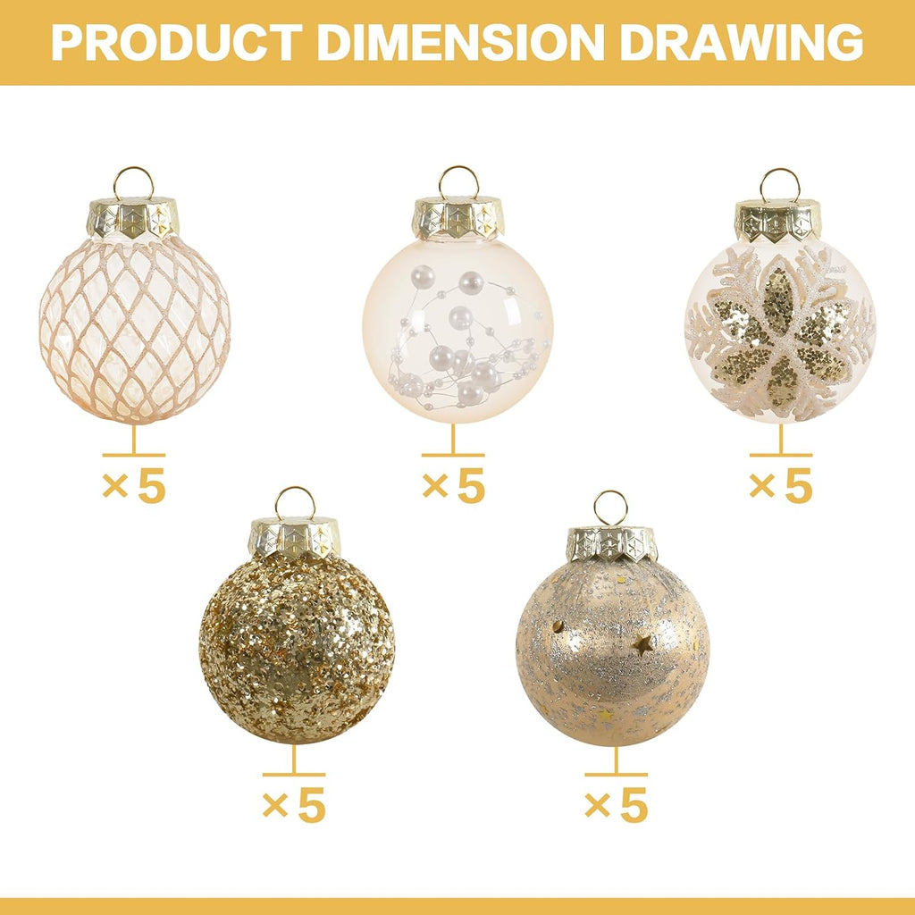 25PCS Christmas Ornaments Set, 2.36"/6CM Clear Plastic Shatterproof Christmas Ball Hanging Ornaments for Xmas Tree