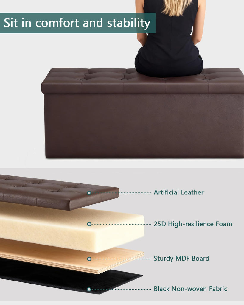 43" Storage Ottoman Bench, Folding Faux Leather Chest, Brown