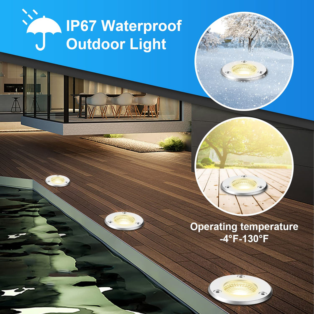 LED Landscape Lights, 12 Pack 7W Ground Lights With 24 Connectors, Low Voltage In-Ground Well Pathway Lighting, Warm