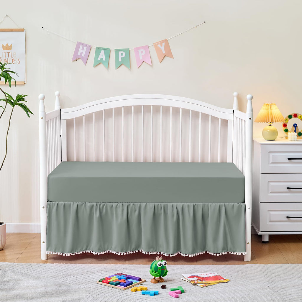 Crib Bed Skirt Gray Pompom Ruffled Dust Ruffle 28x52 Inch 14 Drop