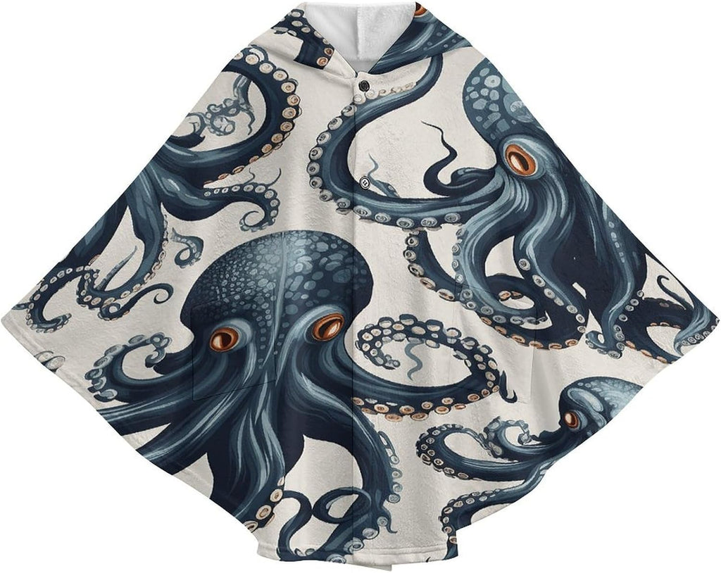 Octopus Pattern Wearable Blanket Hoodie Flannel Hooded Blanket | Sweatshirt Oversized Cozy Sweater Gift