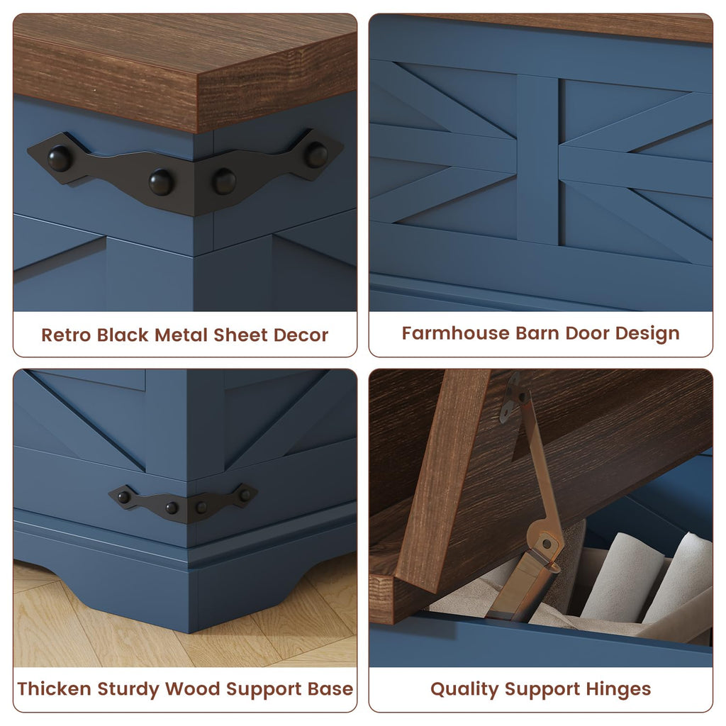 Blue Coffee Table with Storage, Farmhouse Square Center Table with Walnut Top, Hinged Lift Soft Close, Large Hidden