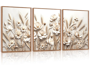 3D Textured Floral Wheat Framed Wall Art, Neutral Beige Relief Decor