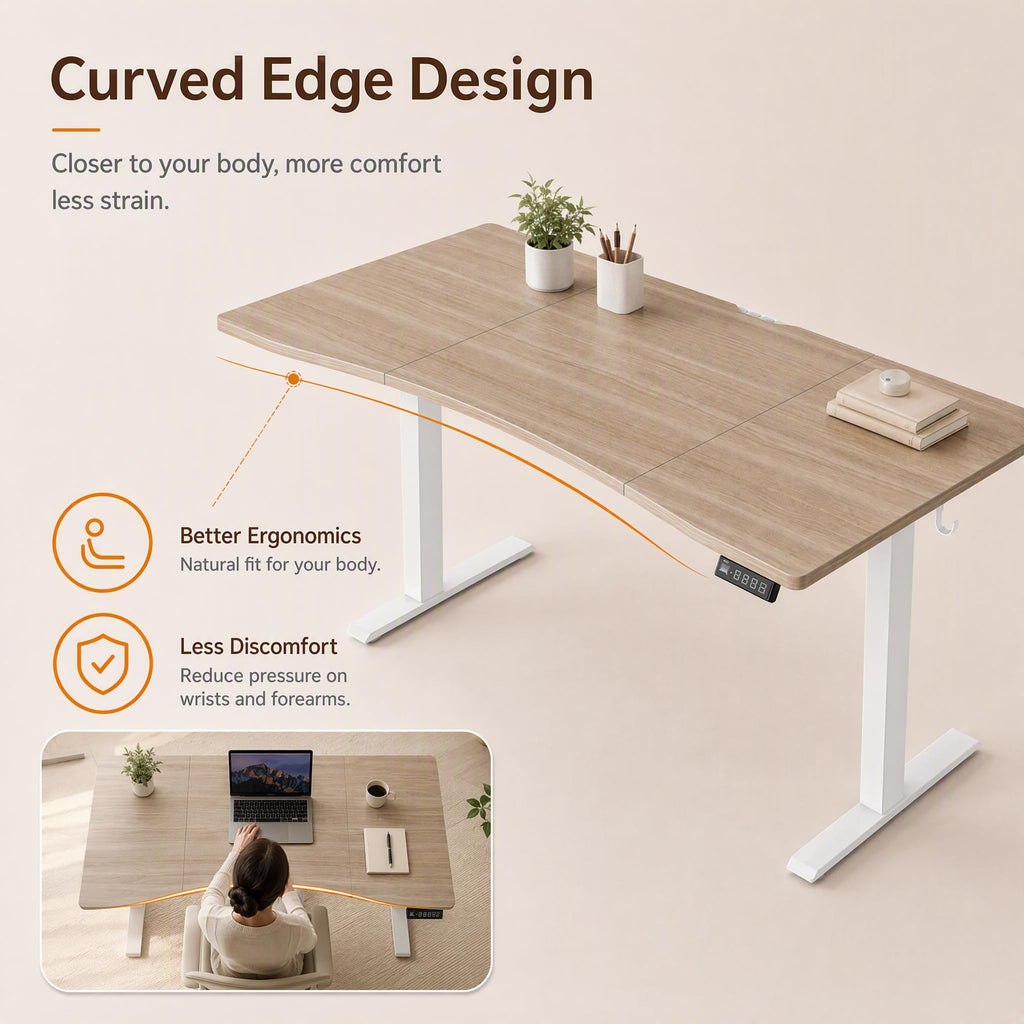 63x32 Large Electric Standing Desk, Curved Light Walnut Surface