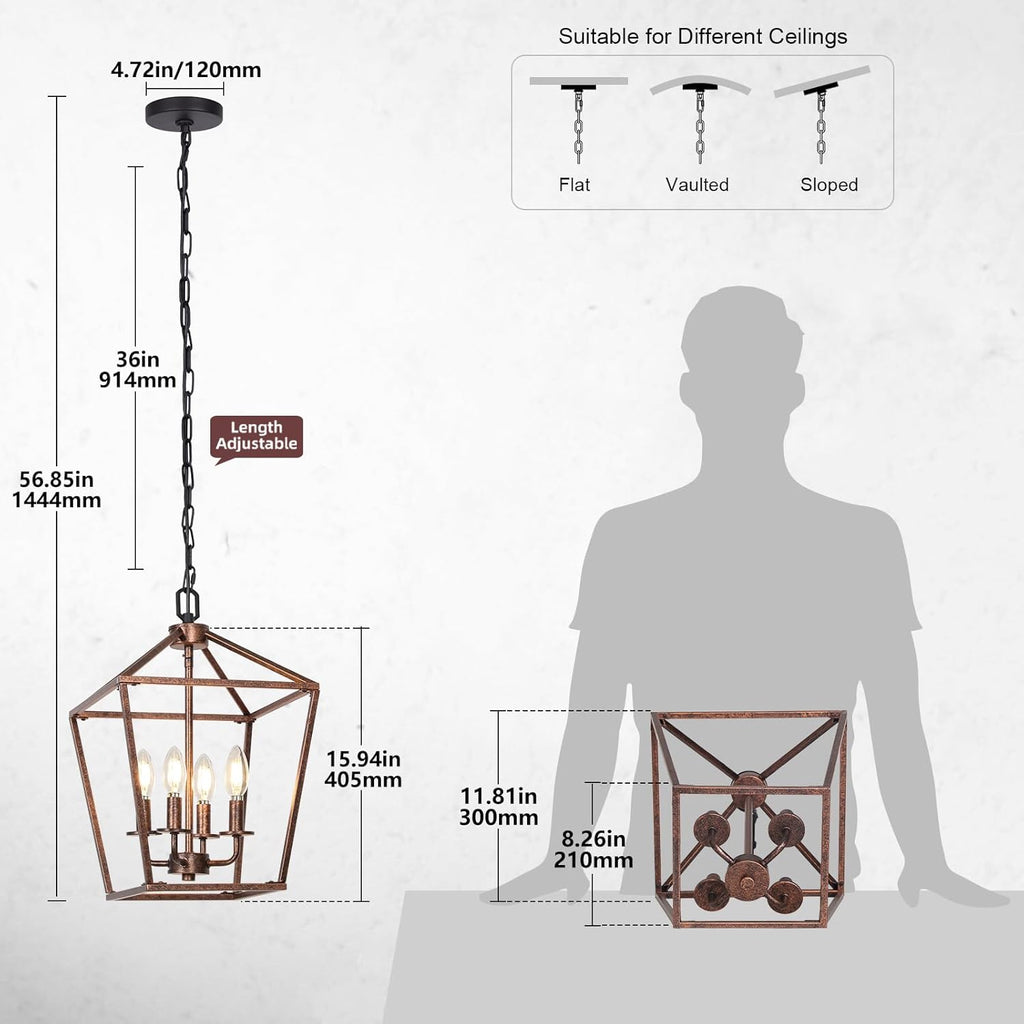 Chandelier for Dining Room, 4-Light Rustic Chandelier Fixtures, Vintage Ceiling Light with Adjustable Height, Antique Bronze Geometric Hanging Light for Bedroom, Foyer, Kitchen, Living Room, Entryway A128-B0CJM7J4Z9