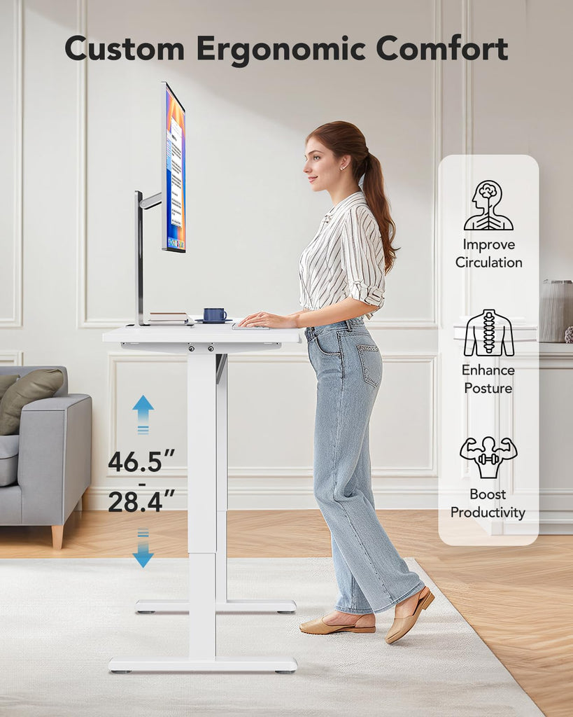 Electric Small Standing Desk, Whole Piece Desktop, Adjustable Height Computer Desk, 4 Height Memory Settings, Sit