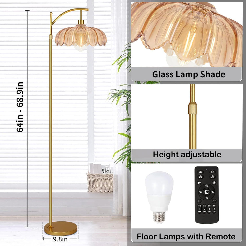 Gold Floor Lamp,Mid Century Modern Standing Lamp with Remote,Dimmable Brass Tall Lamp Amber Glass Vintage Retro Arc