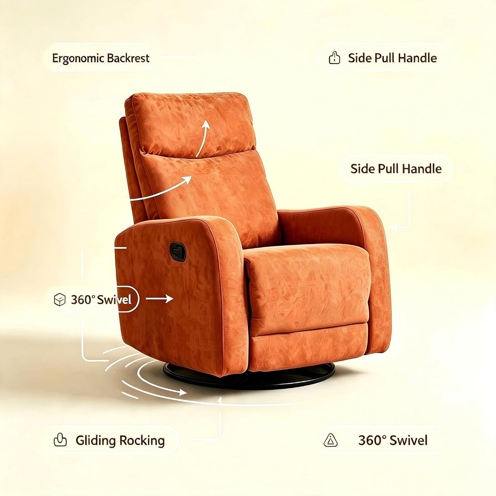 360° Swivel Glider Rocker Recliner Chair, Manual Reclining Fabric Lounge Chair with Side Pull Handle, Upholstered
