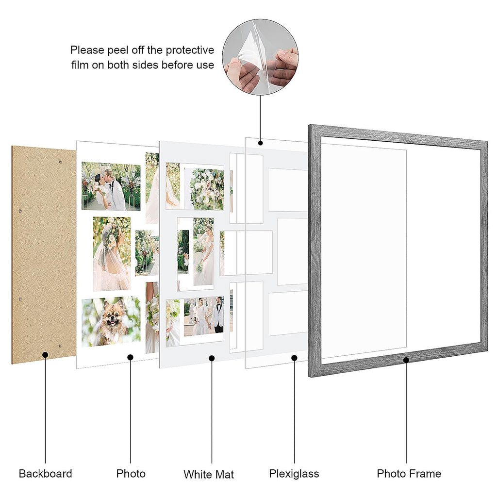 17x17 Collage Frame with 9 Openings 4X6 Pictures, Multiple Picture Frame with Mat, Wall or Tabletop Decor, Grey Wood
