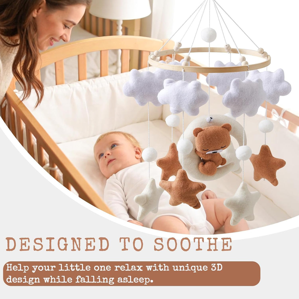Baby Mobile for Crib - Neutral Boho Nursery Decor with Felt Moon, Stars, Clouds & Bear - Silent Soothing Bed Bell