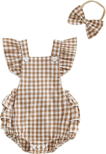 Newborn Baby Girl Romper Summer Sleeveless Checkered Smocked Cotton Linen Clothes Outfit Jumpsuit with Bow Headband