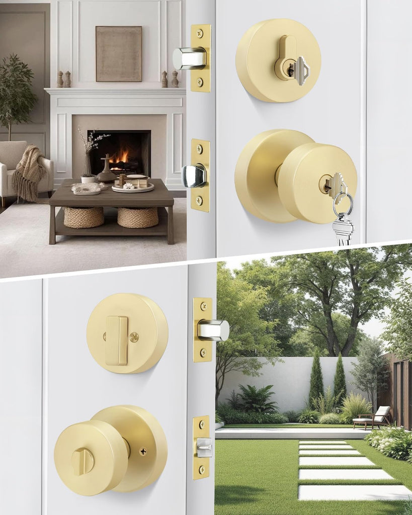Brushed Gold Entry Door Knobs with Deadbolt Zinc-Alloy (3 Pack)