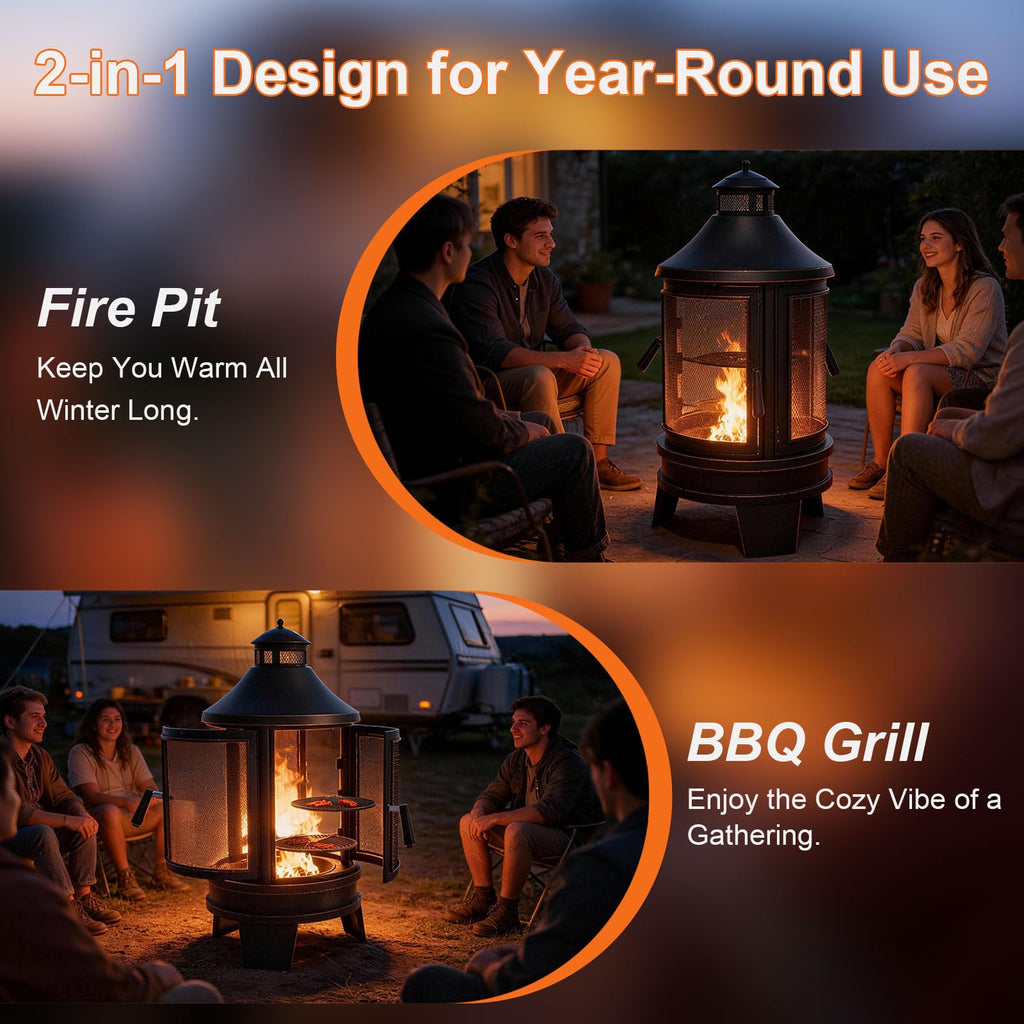 2 in 1 Metal Chimenea with Grill, Outdoor Fire Pit with Adjustable Grill Tray 3-Door Design Spark Screen Door