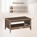 Farmhouse Coffee Table, 2-Tier Center Table with Storage Open Shelf & Woven Slatted Design