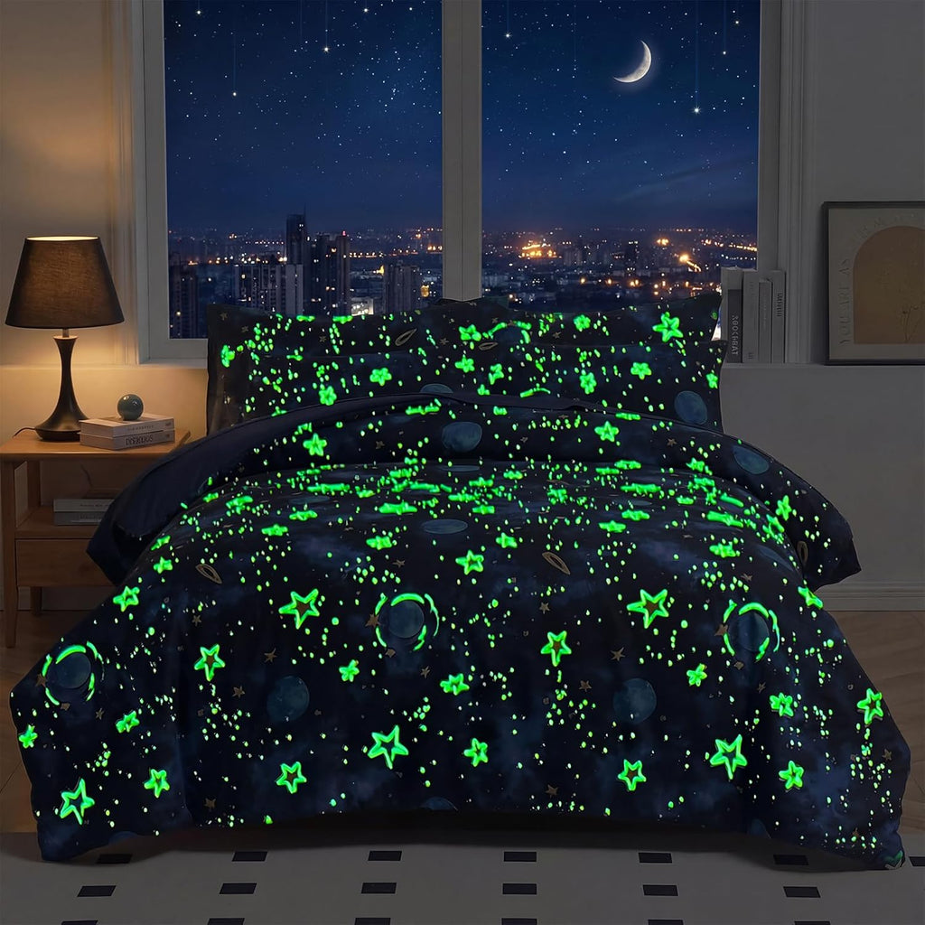 Kids Comforter Sets Full for Boys, Glow in The Dark Blue Starry Sky Space Bedding Set 4 Pieces - Boy Soft Bed Set