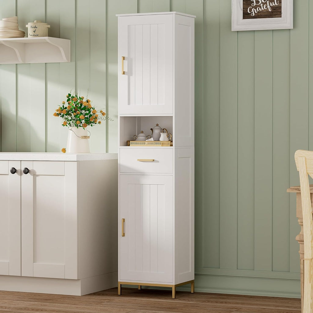 67" H Bathroom Storage Cabinet, Tall Bathroom Cabinet, White | Narrow Cabinet with Doors and Drawer, Adjustable