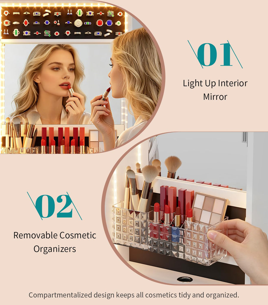 LED Mirror Jewelry Cabinet, Over Door/Wall Mounted Jewelry Organizer